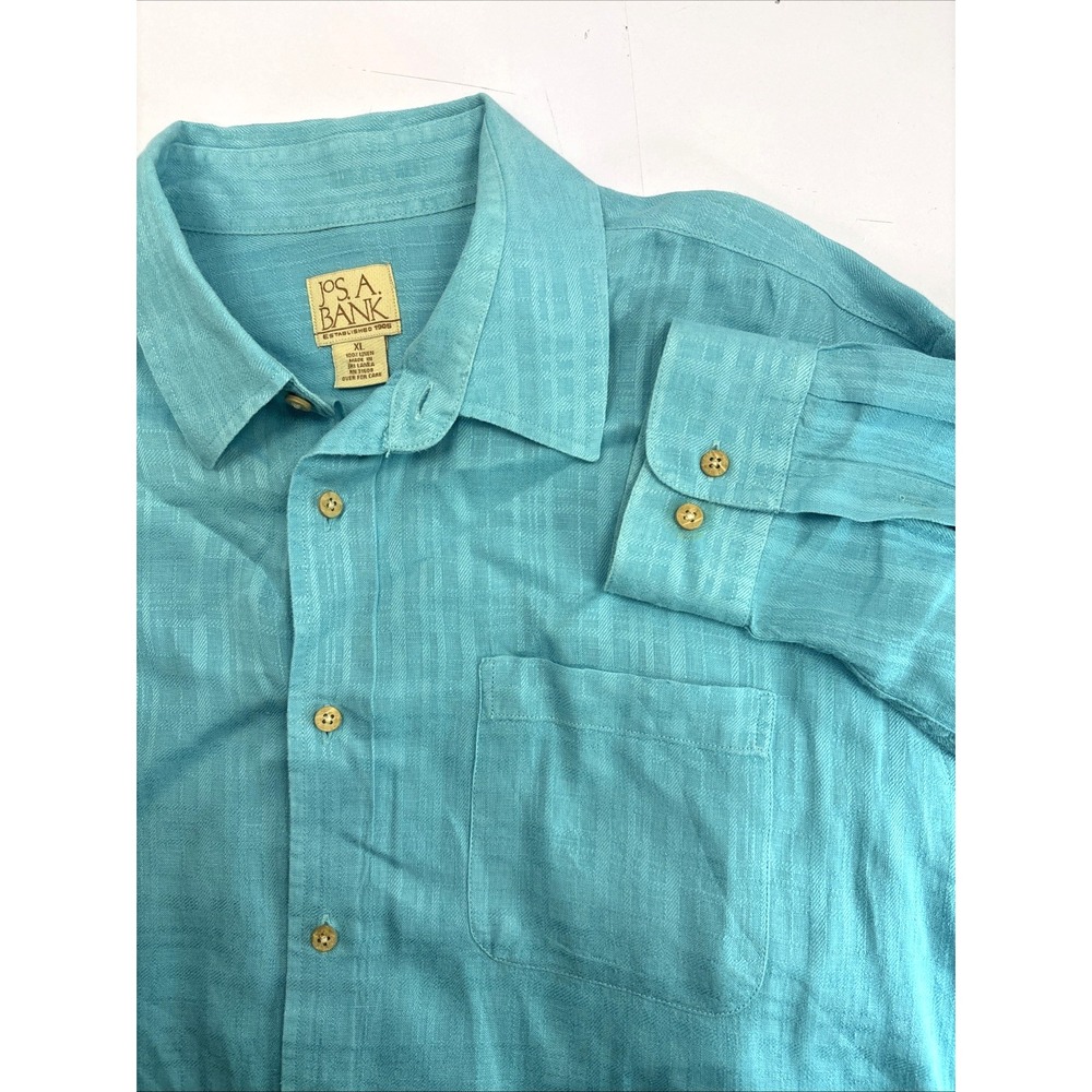 Jos A Bank Shirt Mens XL Teal Blue Button Up Long Sleeve 100 Linen Casual Preppy